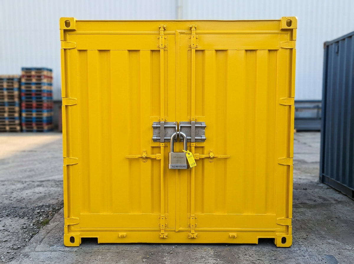 Vista frontal do container depósito com fechadura reforçada