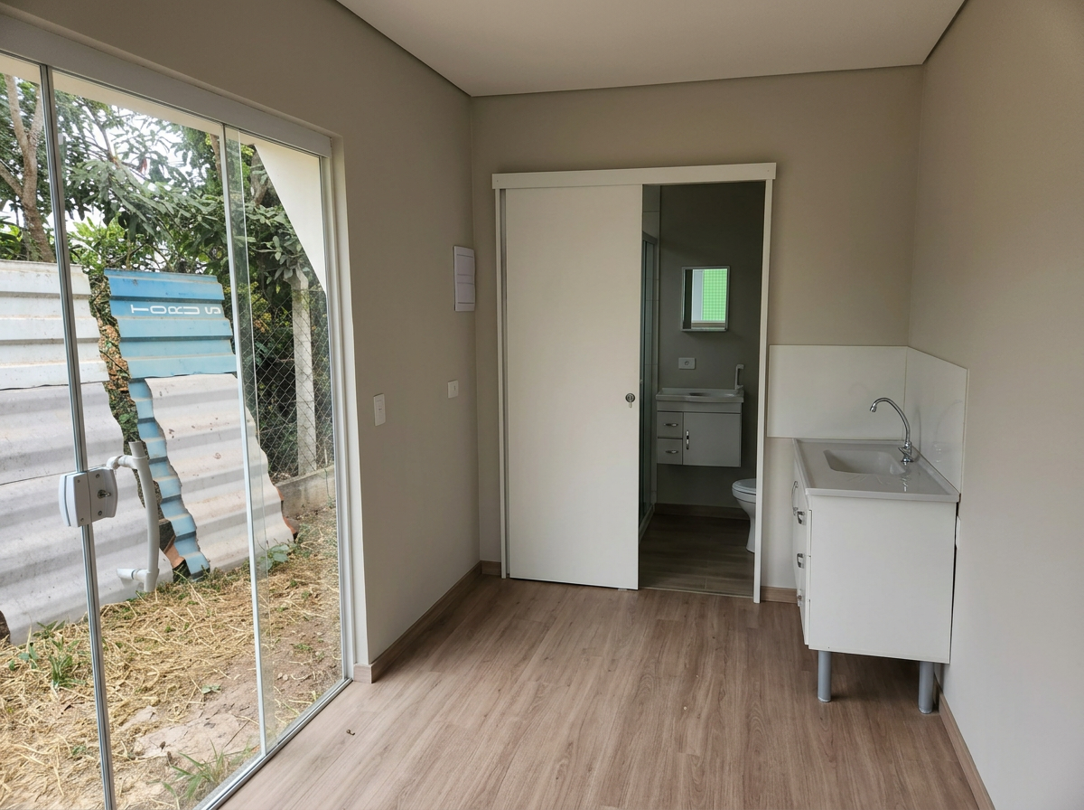 Interior integrado com cozinha compacta e acesso ao banheiro