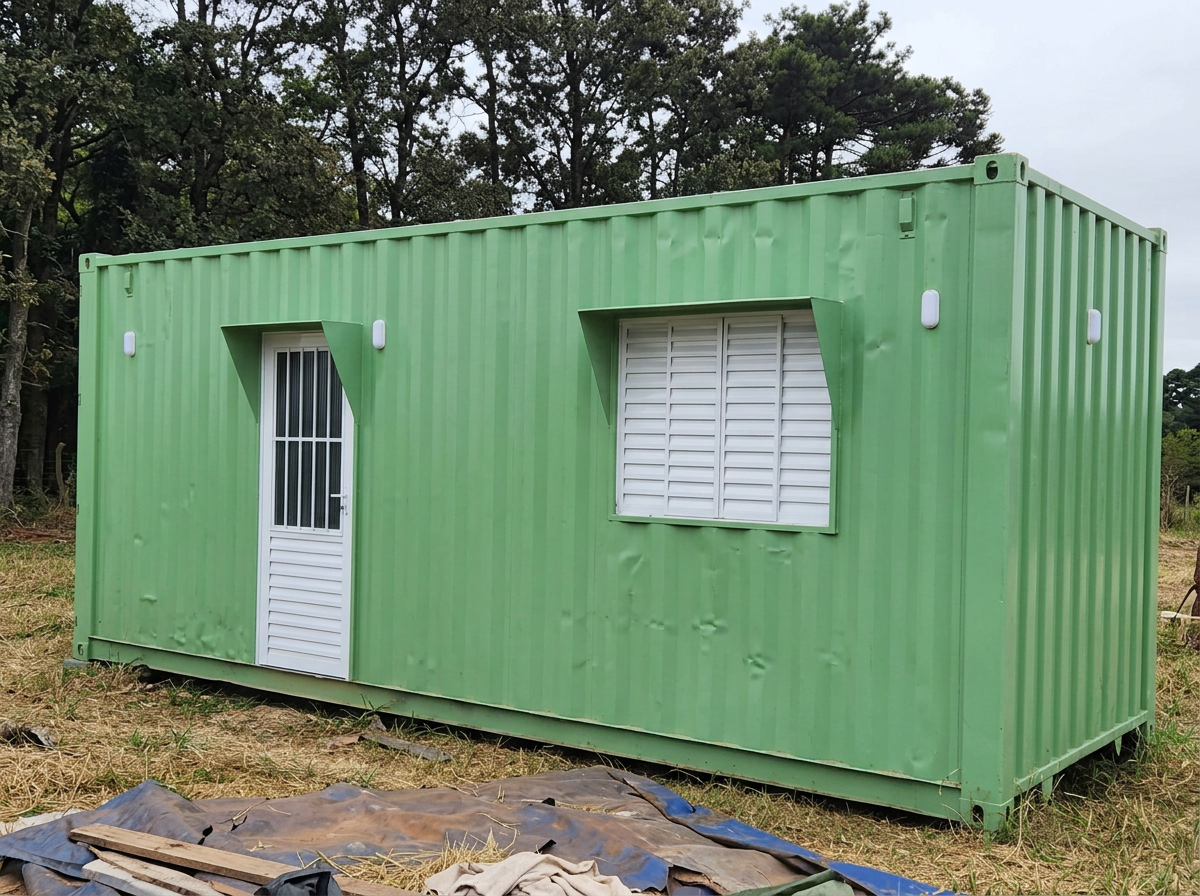 Container simples 15m² fachada verde externa