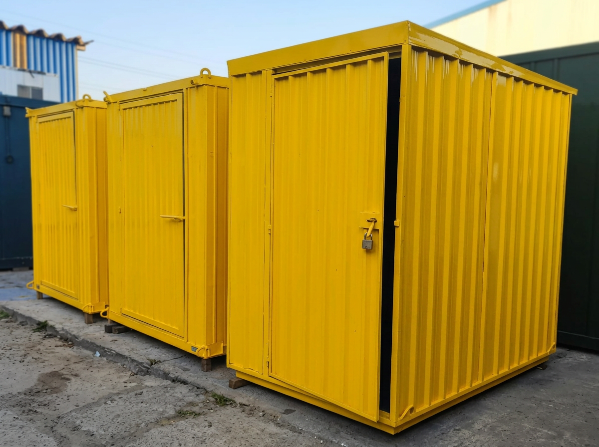 Container depósito em perspectiva 3/4 com porta entreaberta