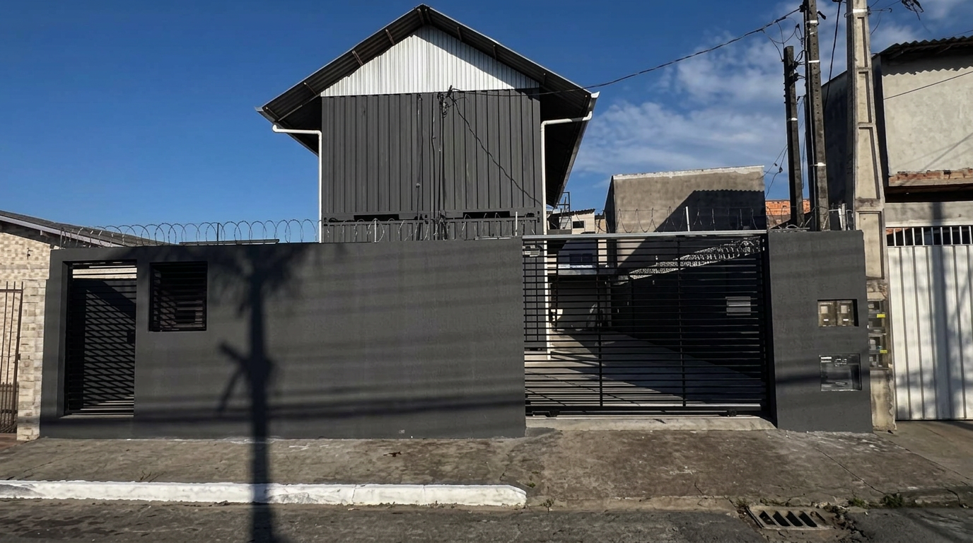 Fachada frontal com portão e muro