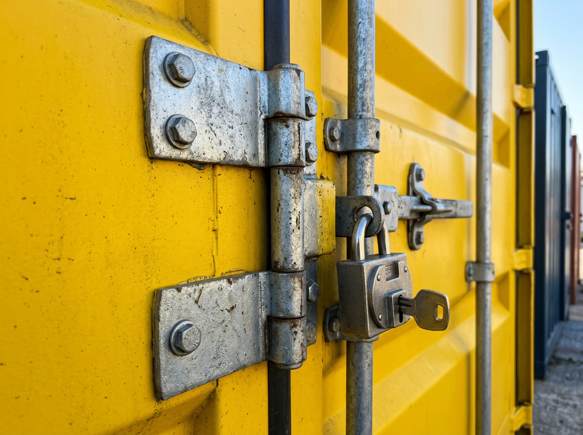 Detalhe da fechadura e dobradiças reforçadas em aço