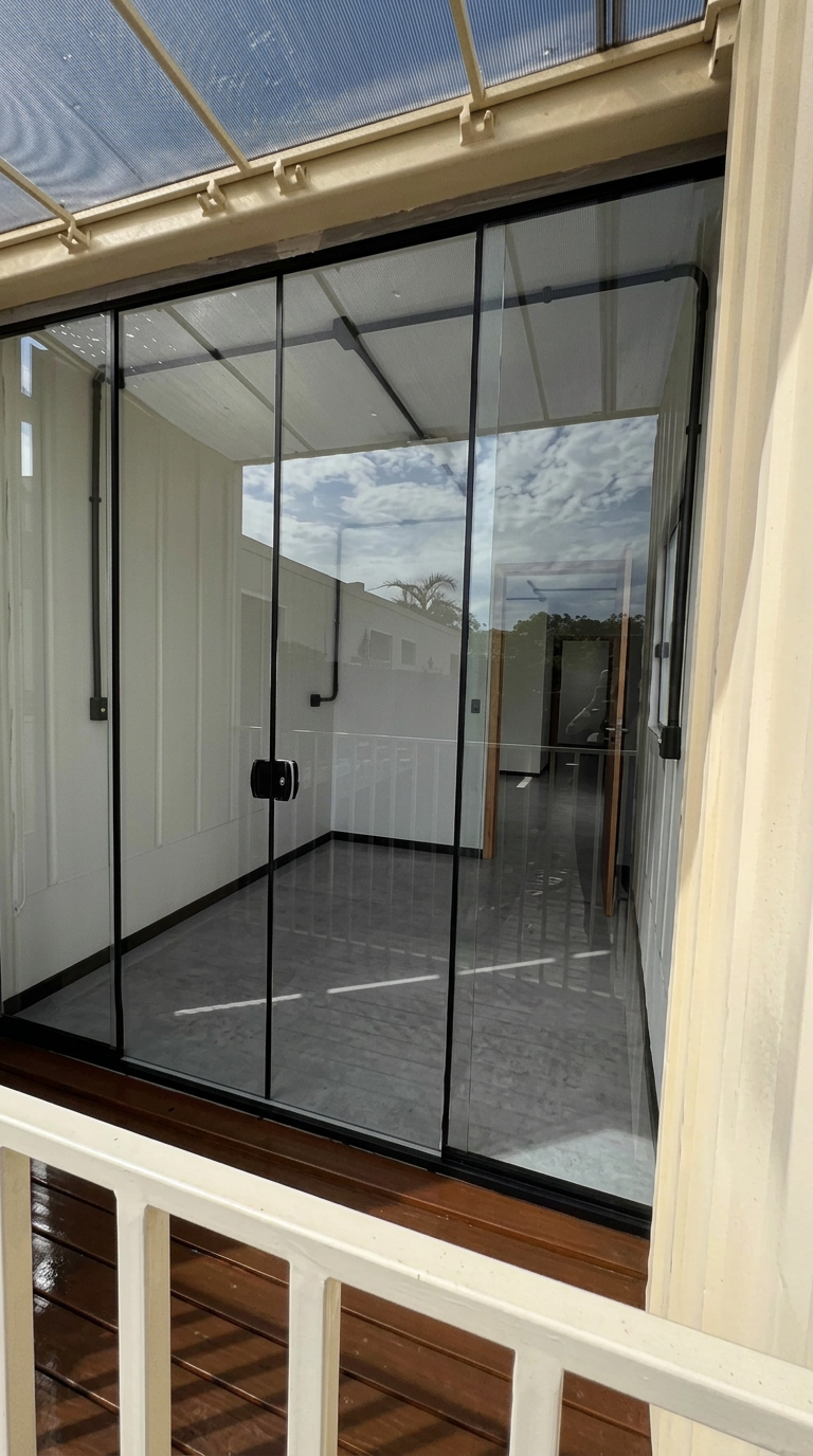 Casa Container Reefer 30m² — vista da varanda com portas de vidro