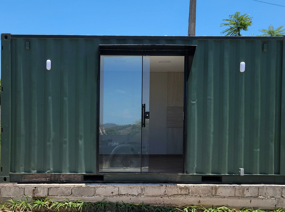 Fachada com porta de vidro de correr