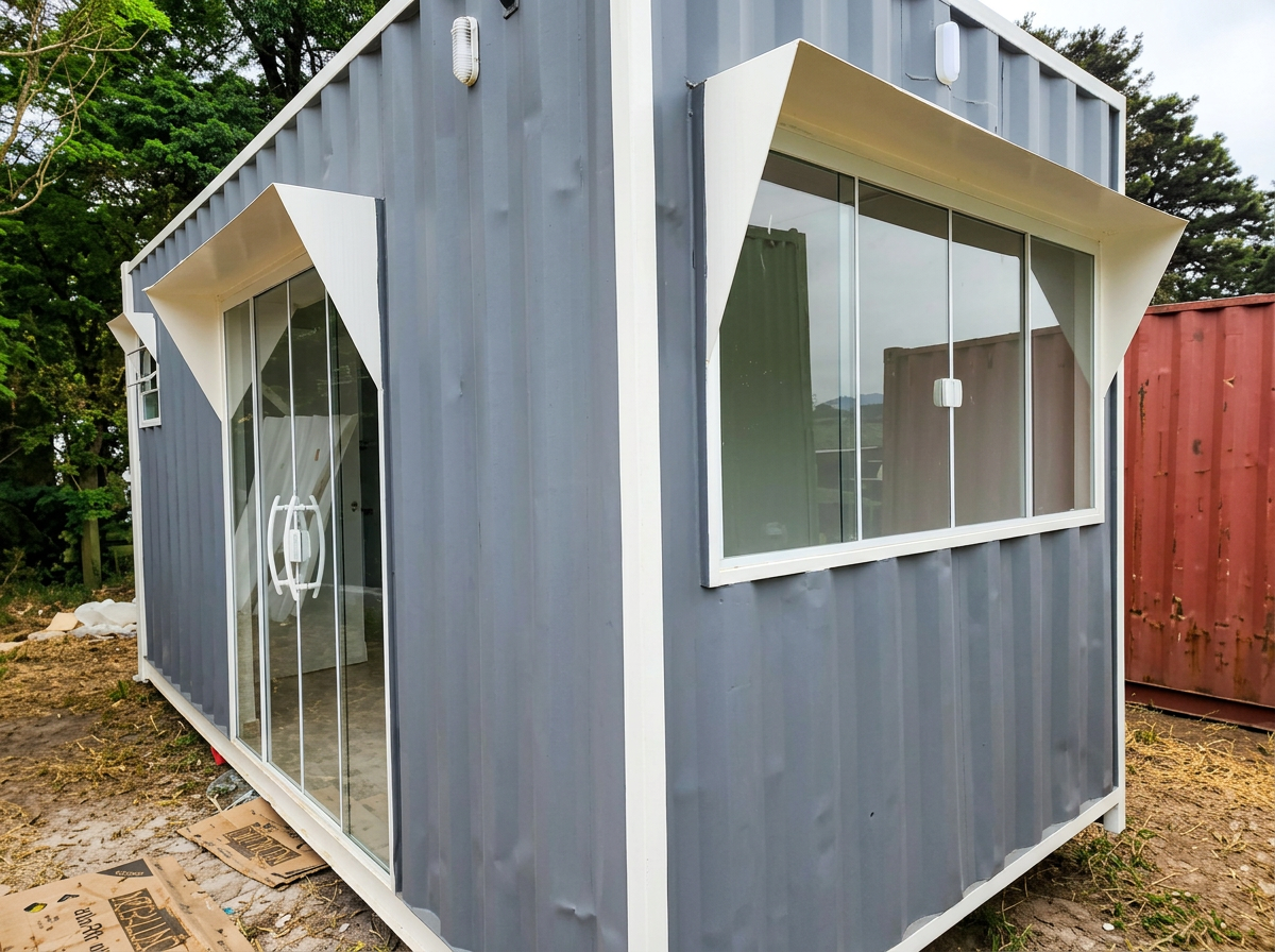 Vista frontal da casa container com porta de vidro