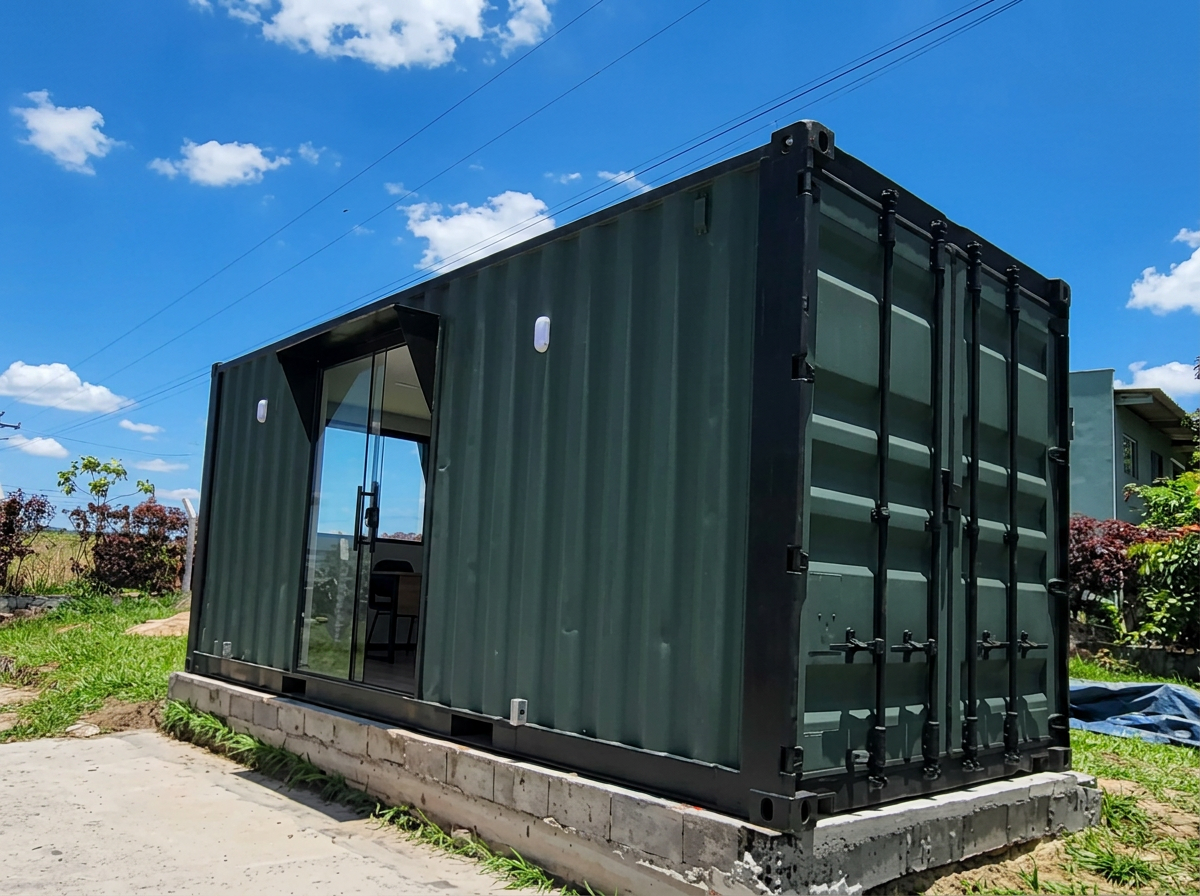 Vista lateral com portas do container