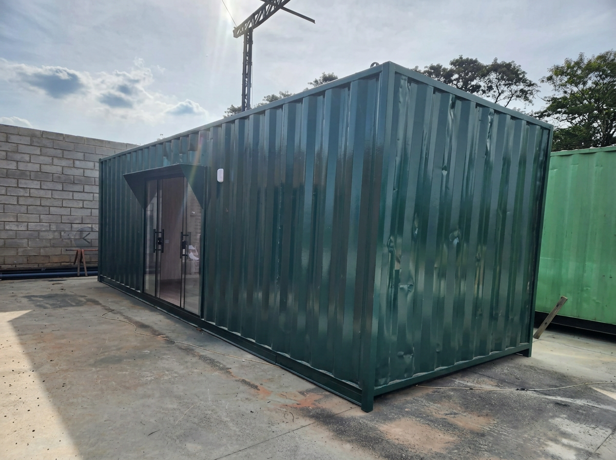 Escritório container 15m² fachada externa verde